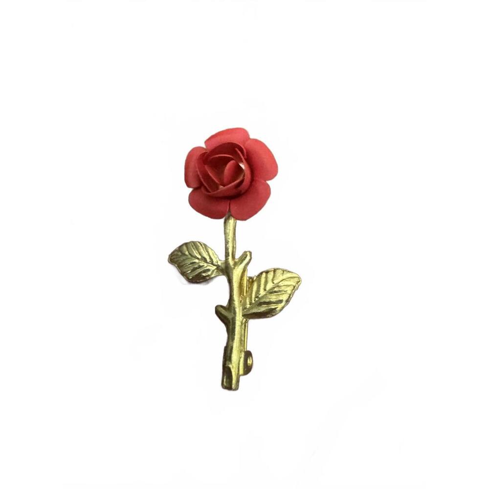 Elegant Red Rose Brooch with Gold Stem